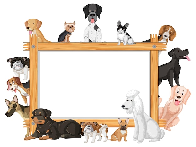 Vector empty wooden frame with various breeds of dogs