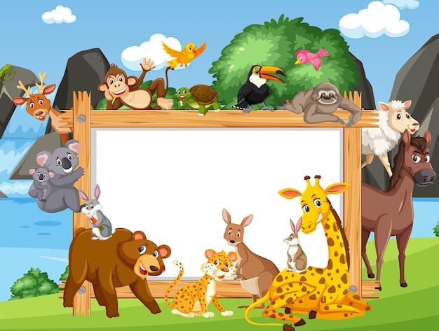 Vector empty wooden frame with various wild animals in the forest