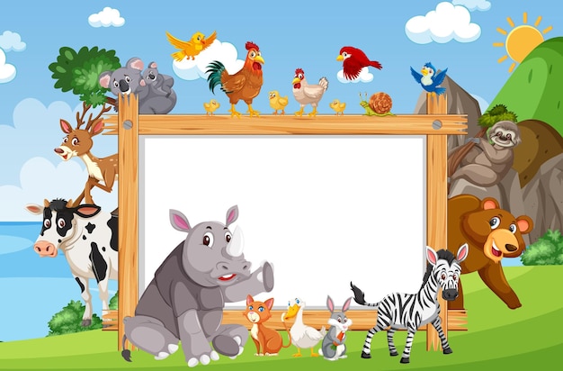 Vector empty wooden frame with various wild animals in the forest