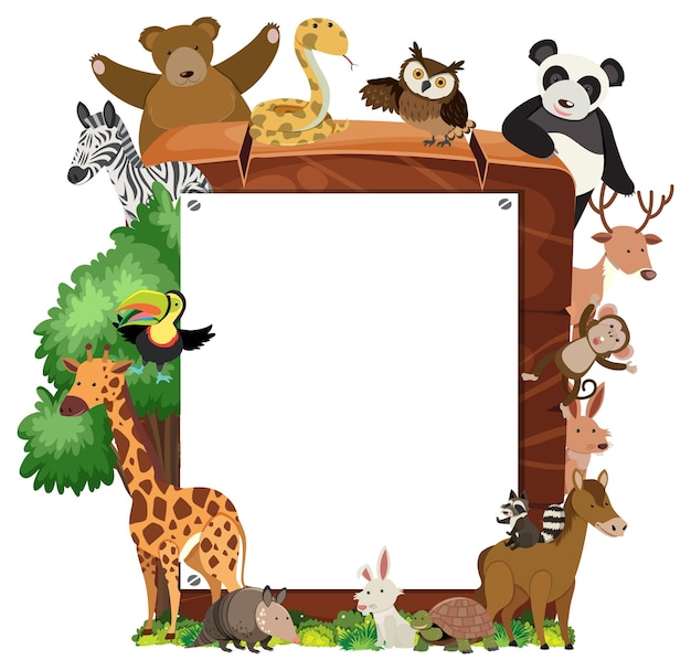 Empty wooden frame with various wild animals