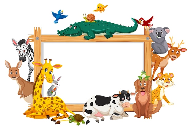 Vector empty wooden frame with various wild animals