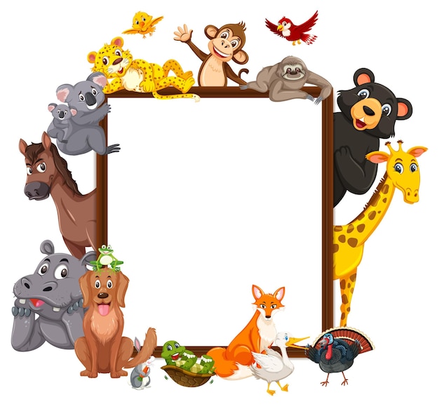 Vector empty wooden frame with various wild animals