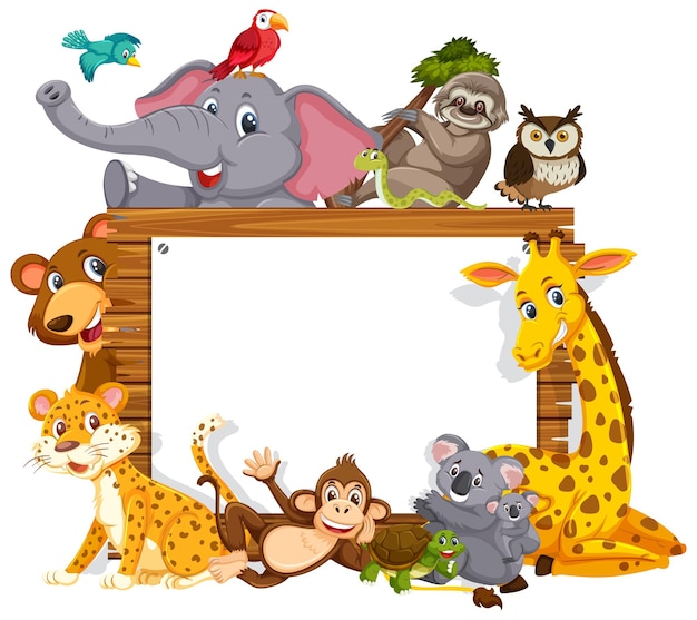 Vector empty wooden frame with various wild animals