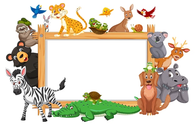 Vector empty wooden frame with various wild animals