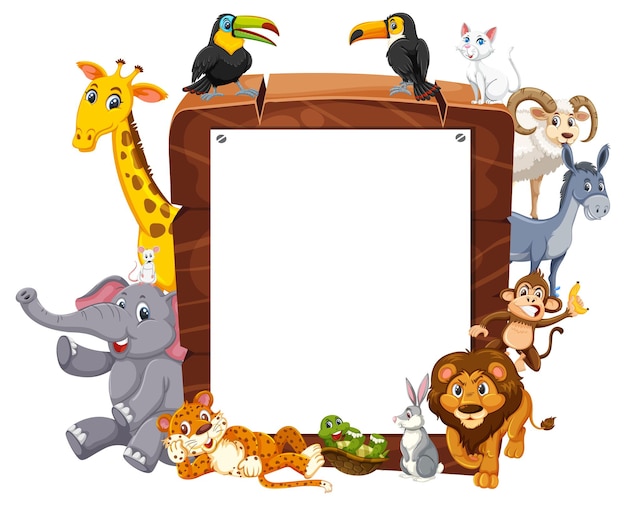 Empty wooden frame with various wild animals