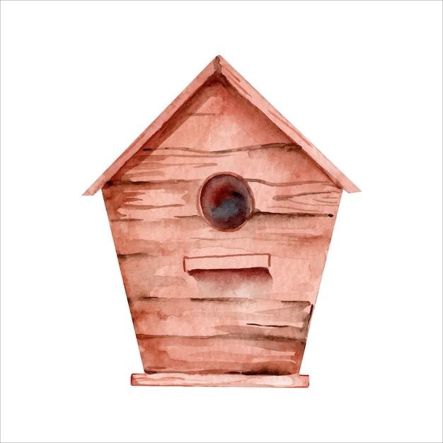 Empty wooden old birdhouse Hand drawn watercolor illustration