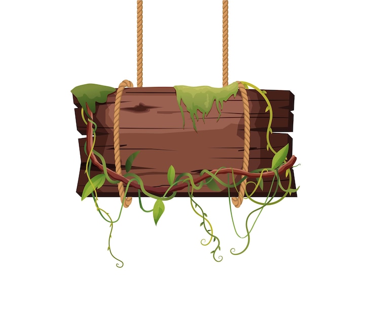 वेक्टर empty wooden sign with ivy branches hanging as a banner for a game