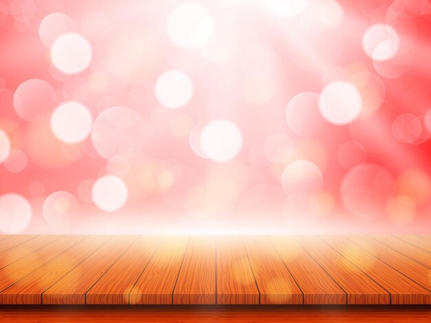 Vector empty wooden table on blurred pink background with bokeh vector illustration