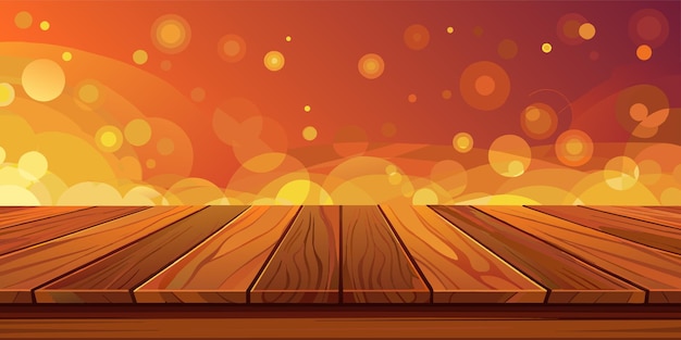 Empty wooden table top on blurred abstract orange background with bokeh