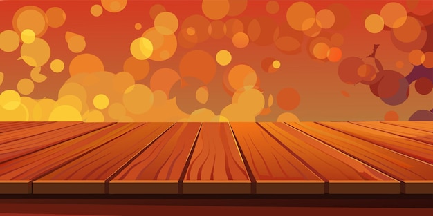 Vector empty wooden table top on blurred abstract orange background with bokeh