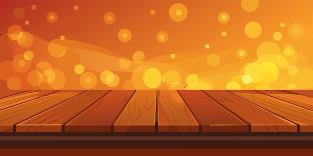 Vector empty wooden table top on blurred abstract orange background with bokeh