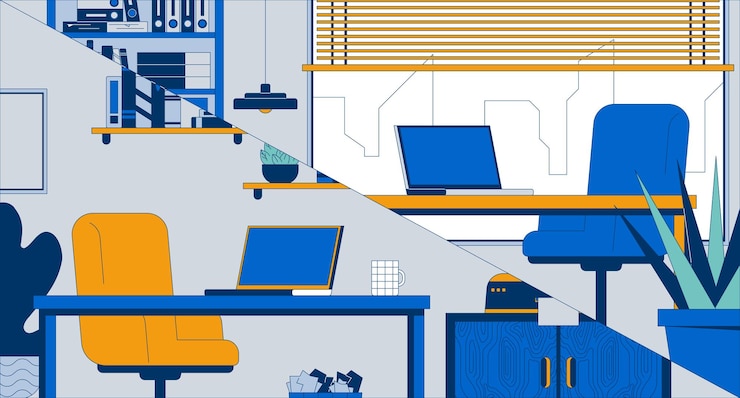 Vector empty workplaces for virtual meeting laptops flat illustration