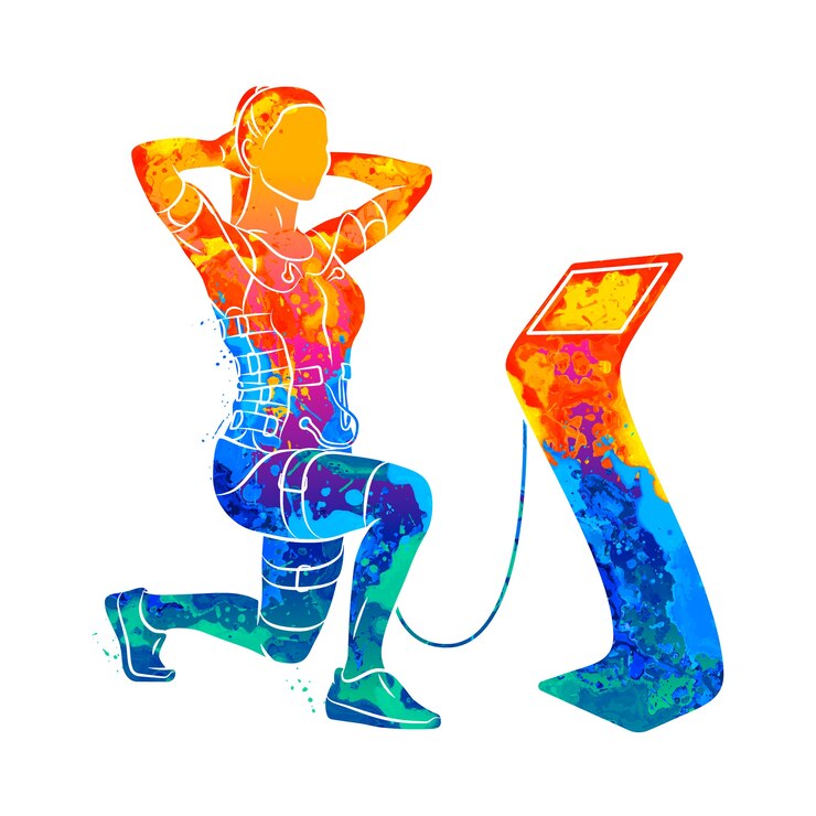 Vector ems training. abstract girl doing squats in suit with cables from splash of watercolors.  illustration of paints