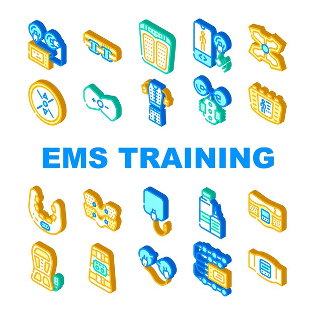 Ems Training Device Collection Icons Set Vector Stimulator With Strap And Suction Cups Massager For Feet And Stimulant For Press Ems Training Isometric Sign Color Illustrations