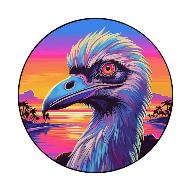 Vettore emu colorful cartoon kawaii personaggio beach sunset animal pet sticker illustrazione isolata