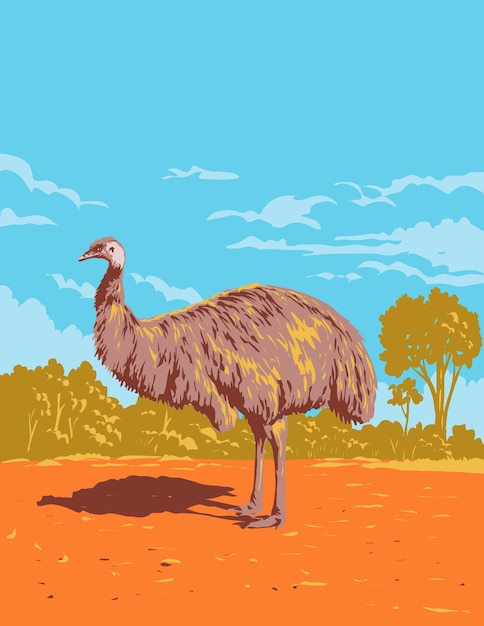 Vector emu in het gundabooka national park in outback nsw australië art deco wpa poster art