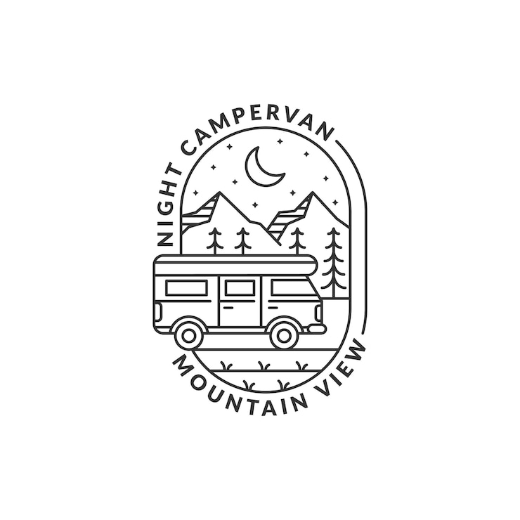 Vector en campervan badge berg vector illustratie nacht berg en campervan monoline of lijn kunst