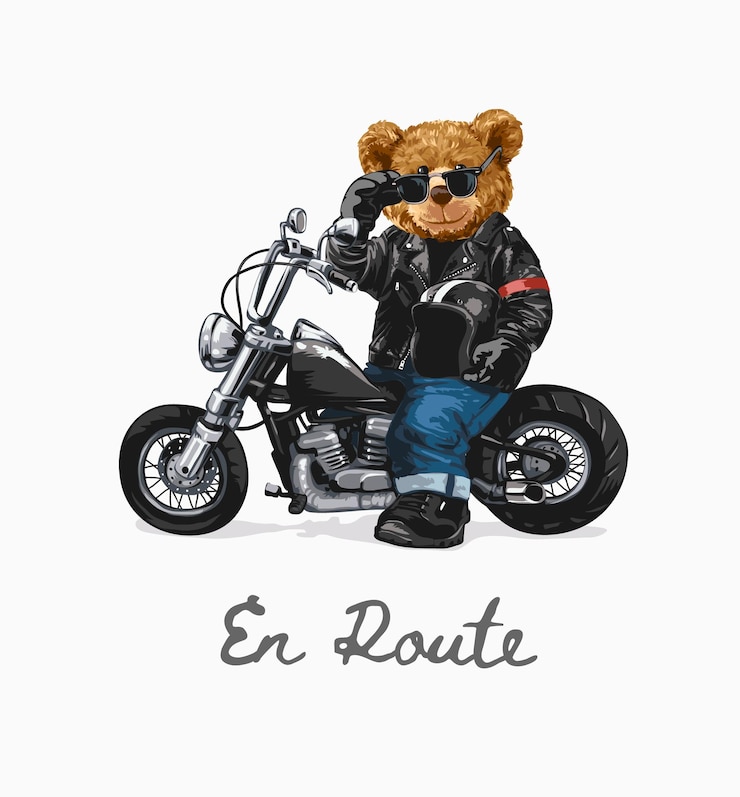 Vector en route slogan with bear doll riding chopper illustration en route is french word meaning on the w