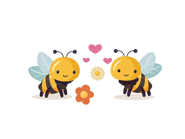 Enamored bees in the meadow Cartoon bee cute characters in flat style