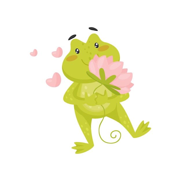 Enamored green frog with lotus flower in paws pink hearts flying in the air Cartoon character of adorable toad with pink cheeks Element for postcard or children book Isolated flat vector design