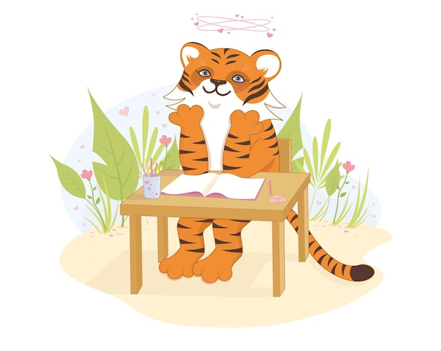 An enamored tiger sits at the table Vector illustration