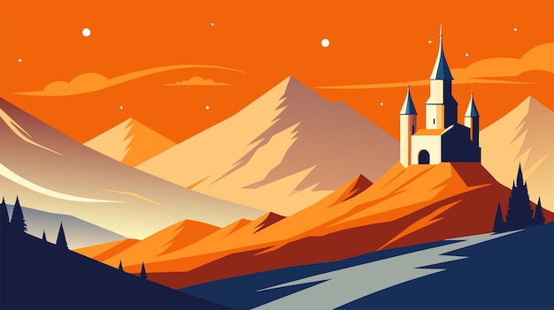 Castello incantato in un paesaggio montuoso arancione al tramonto