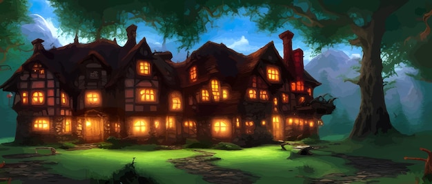 ベクトル 古い森の可愛い妖精の家に魔法の夢を描いた 幻想の森の絵を描いた