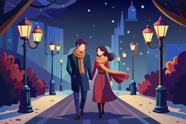 An enchanted evening walk a couple wrapped in a shared scarf under the twinkling streetlights