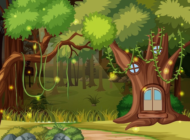 Vettore sfondo foresta incantata con casa sull'albero