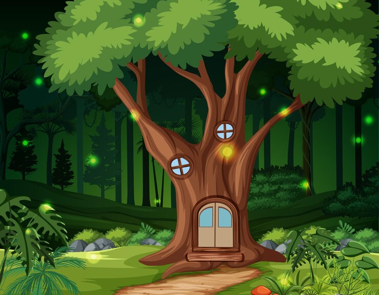 Vector enchanted forest background with tree house