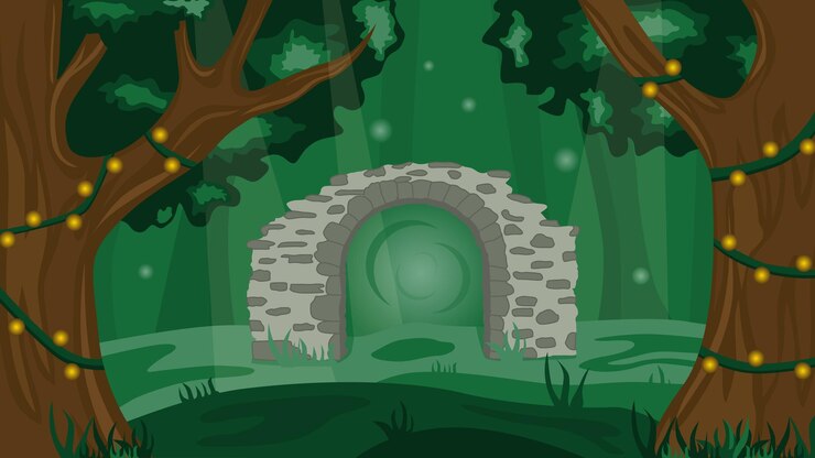 Vector enchanted forest. enchanted garden with stone arch
