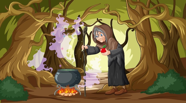 Vector enchanted forest witch brewing magic potion