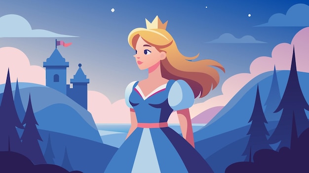 Vector enchanted princess in twilight castle landscape