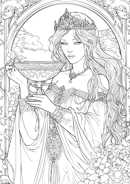 Enchanted Realm Princess holding goblet Coloring Book pages