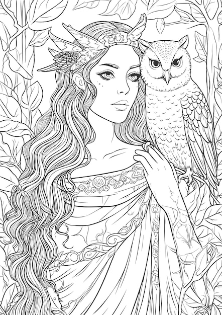 Enchanted Realm Princess with owl Coloring Book pages