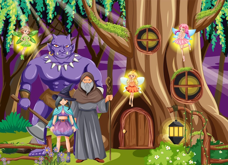 Vector enchanted scene with medieval cartoon characters