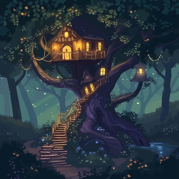 Vector enchanted_treehouse_in_serene_forest_vector