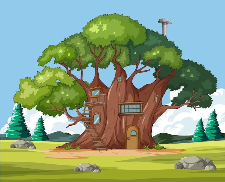 Vector enchanted treehouse in a serene forest