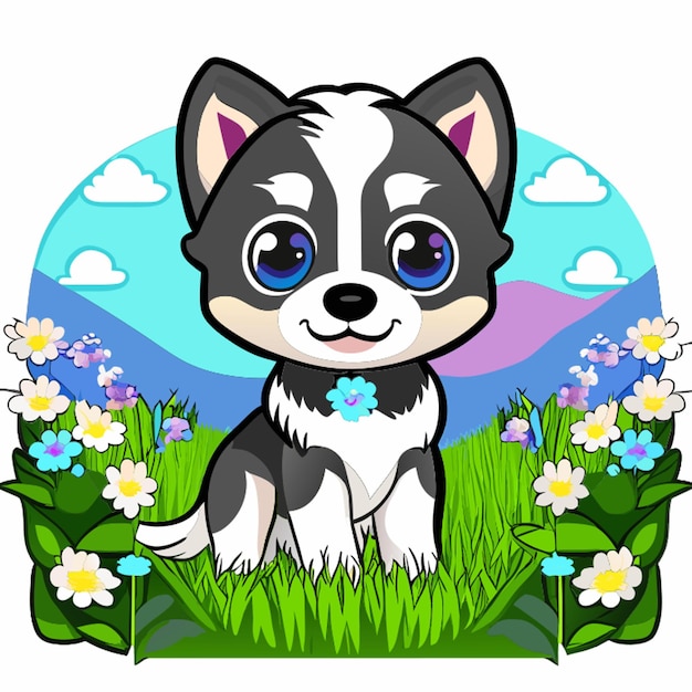 enchanting baby husky puppy amidst a field of wildflowers white background tshirt design vector