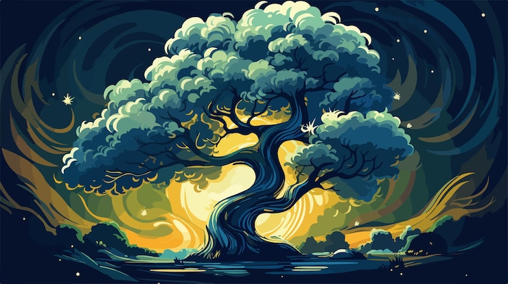 Vector enchanting fantasy tree illustration ecol stylized art