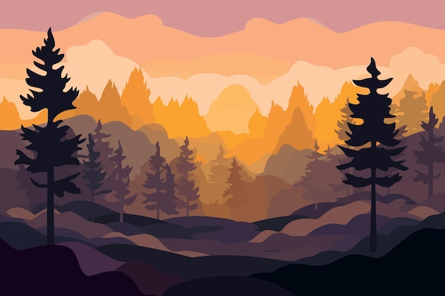 벡터 enchanting forest a cartoon vector illustration in dark skyblue and amber with romantic landscapes