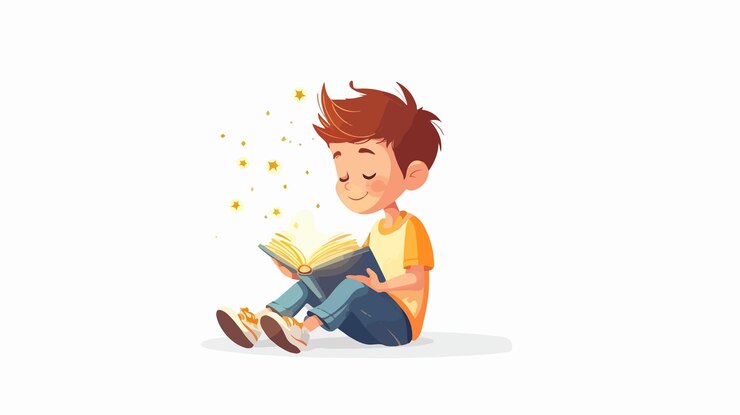 Вектор очаровательное изображение мальчика, сидящего и читающего книгу при волшебном свете