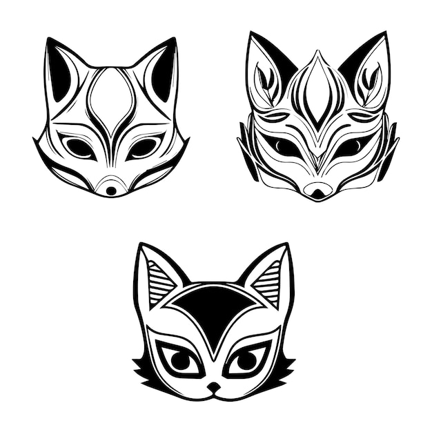 Enchanting and mystical Hand drawn collection set of cute Japanese kitsune masks