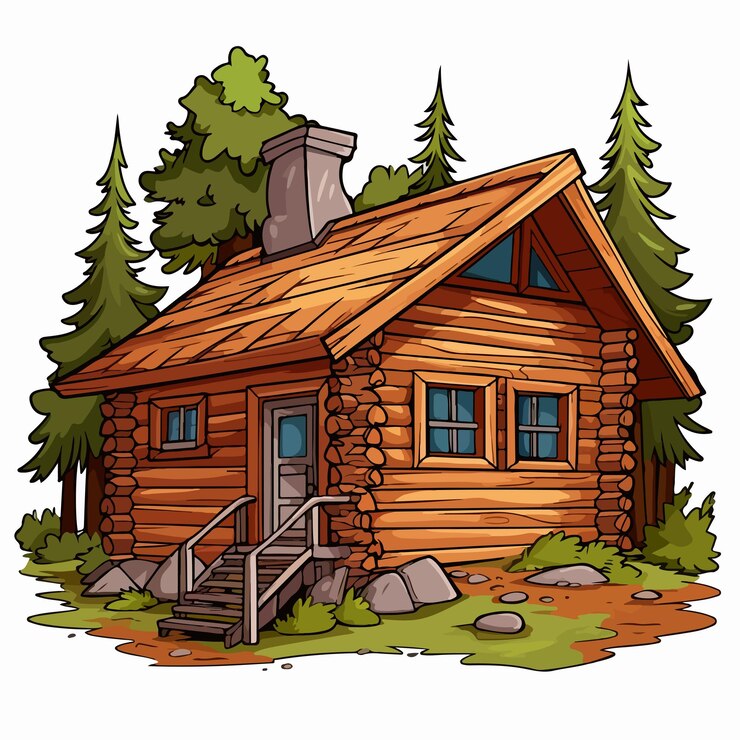 Vector enchanting wooden hut in lush forest illustration vector