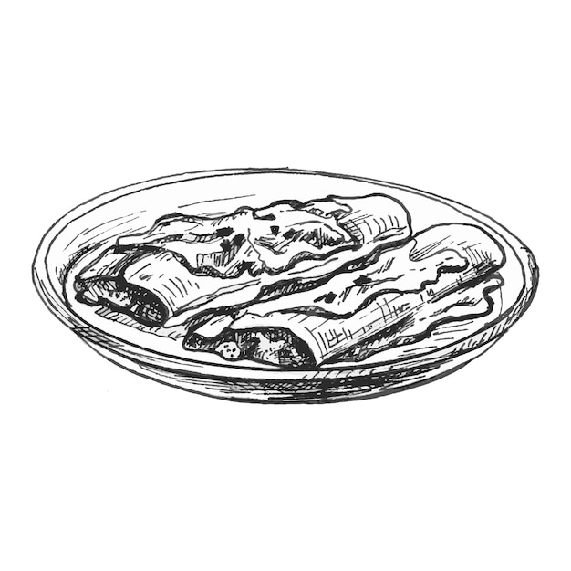 Энчилада в тарелке мексиканской традиционной кухни Векторные винтажные штриховки цветные иллюстрации изолированные