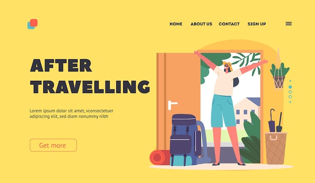 The End of Journey Landing Page Template Coming Back Home After Relaxing Traveling Concept Happy Woman