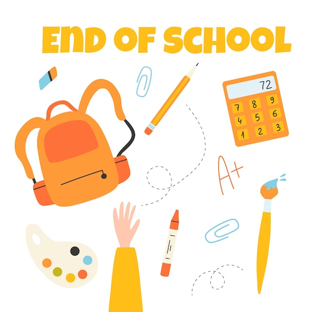 End of school Poster banner end of school Last day of school Graduates throw school items in the air Vector illustration Flat cartoon style