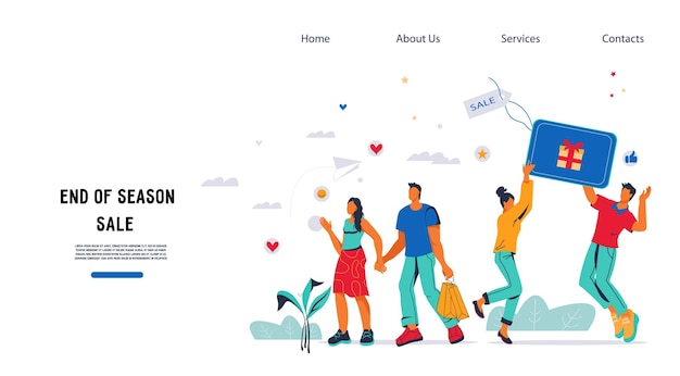 End of season sale website template with people characters flat vector illustration