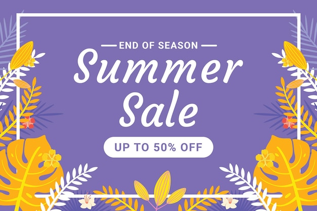 Vector end of season summer sale banner template with square frame and floral leaf