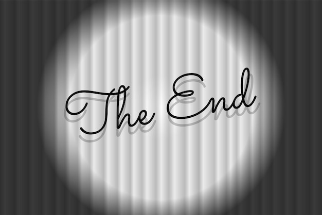 Vector the end text on closed white silky luxury theater curtain background with spotlight beam illuminated